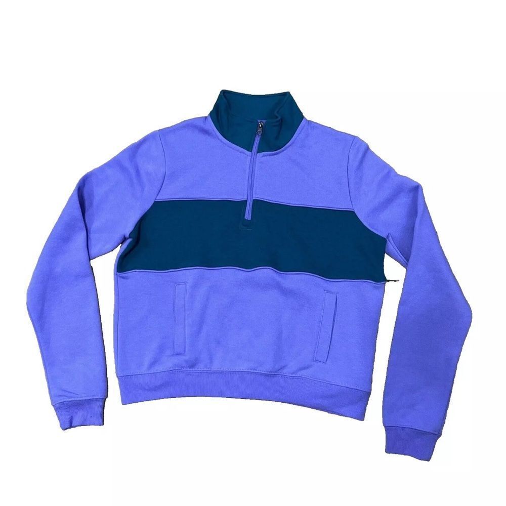 BLUENOTES Sweater Women M Crop 90S Style Colorblock Aquaberry 1/4 Zip Sporty NEW